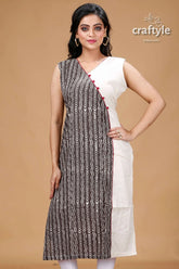Grey and white cotton dabu print kantha kurti sleeveless patterned kurta 2