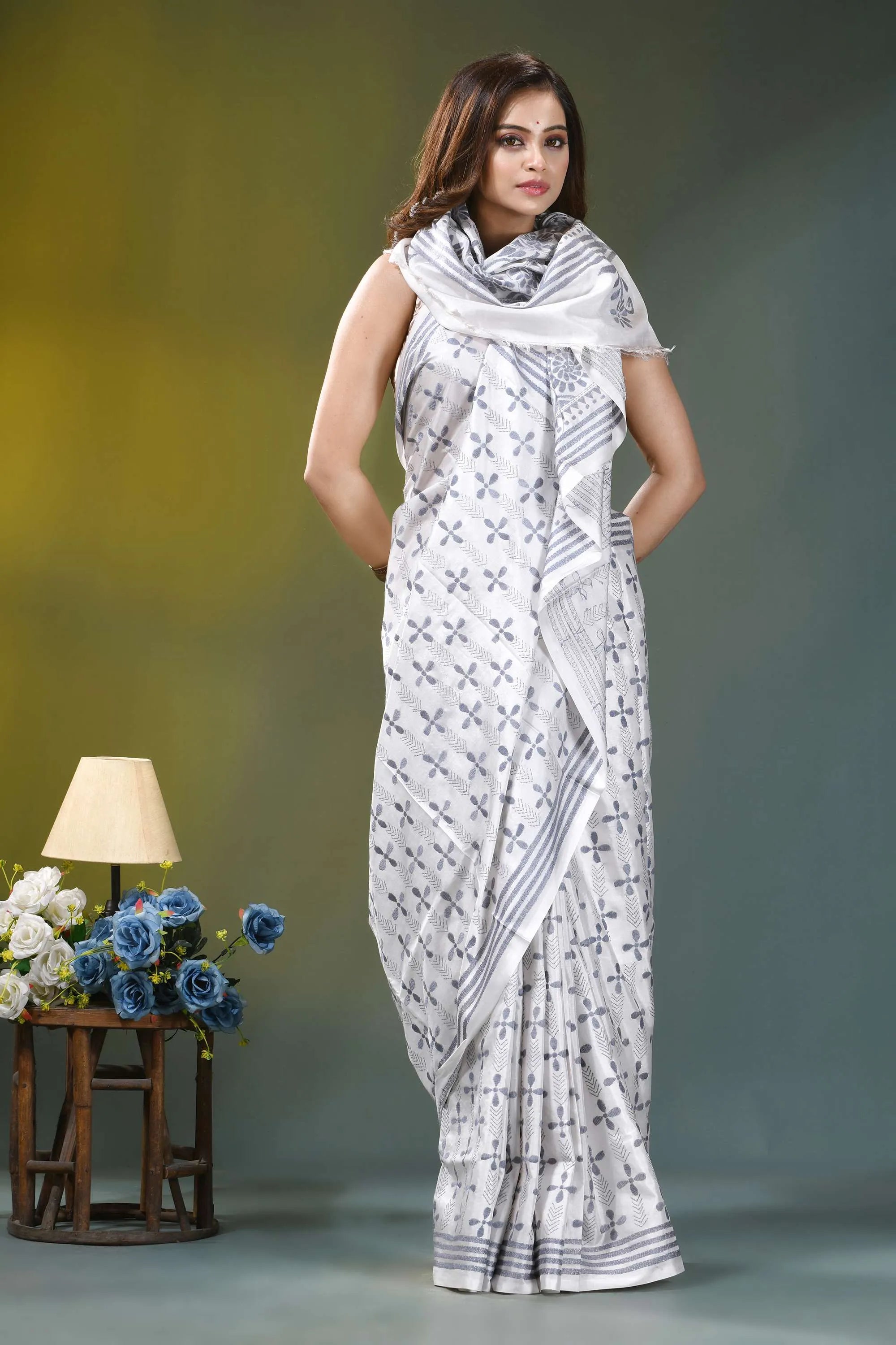 Grey thread floral heritage silk kantha stitch saree in white white sari gray crosshatch striped 4