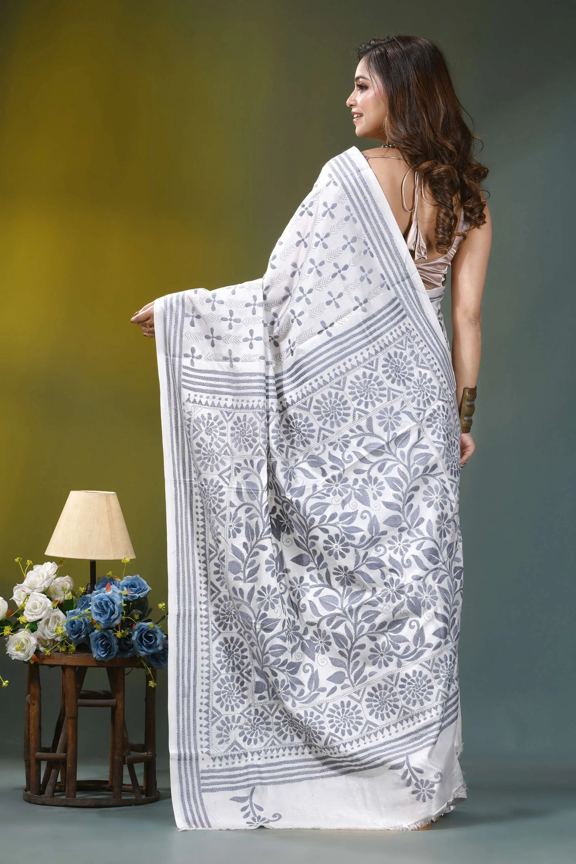 Grey thread floral heritage silk kantha stitch saree in white white gray floral-patterned saree intricate 5