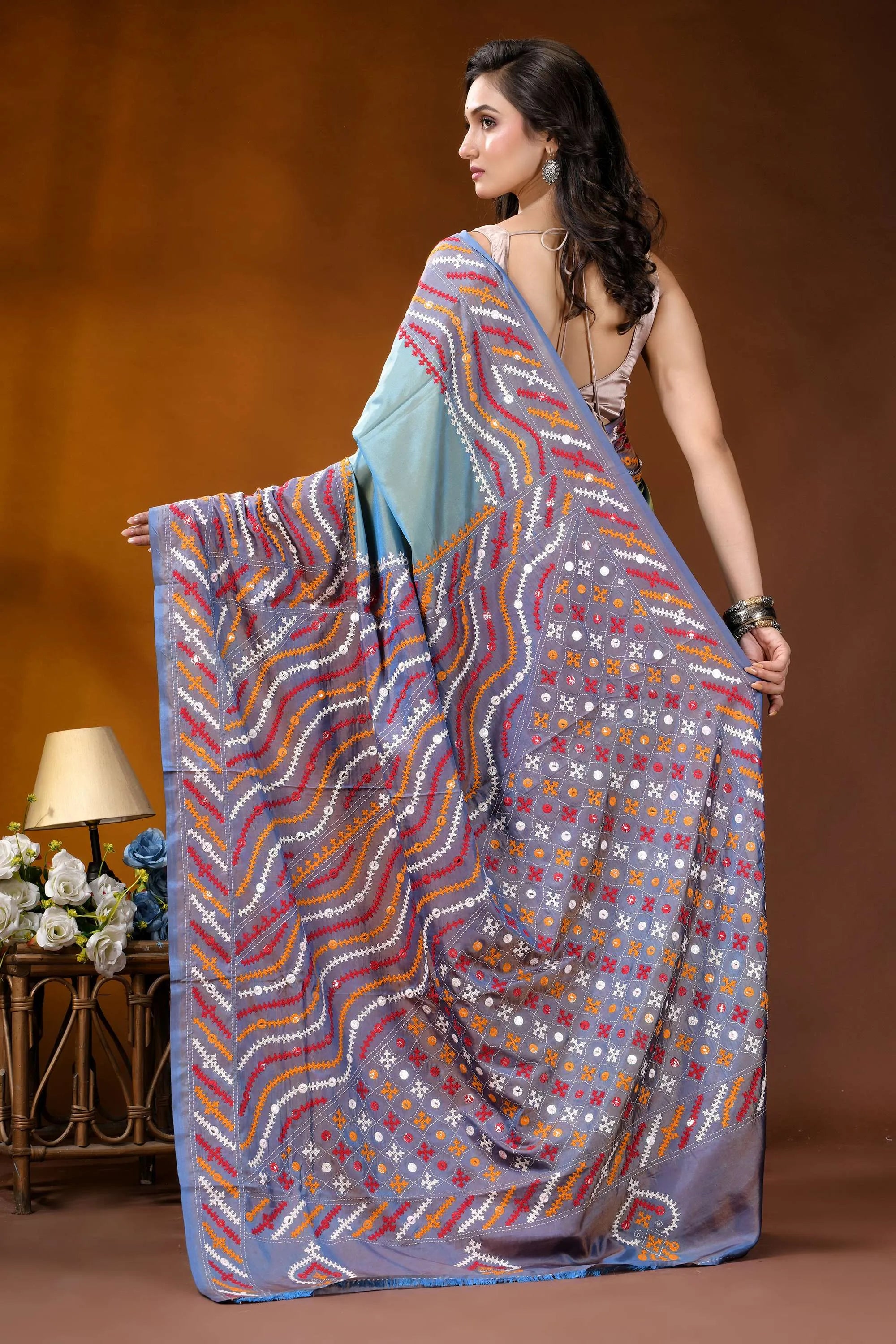 Greyish teal multi-thread ethnic design gujarati stitch dyed silk saree - mirror detailing woman wears light blue gray 5