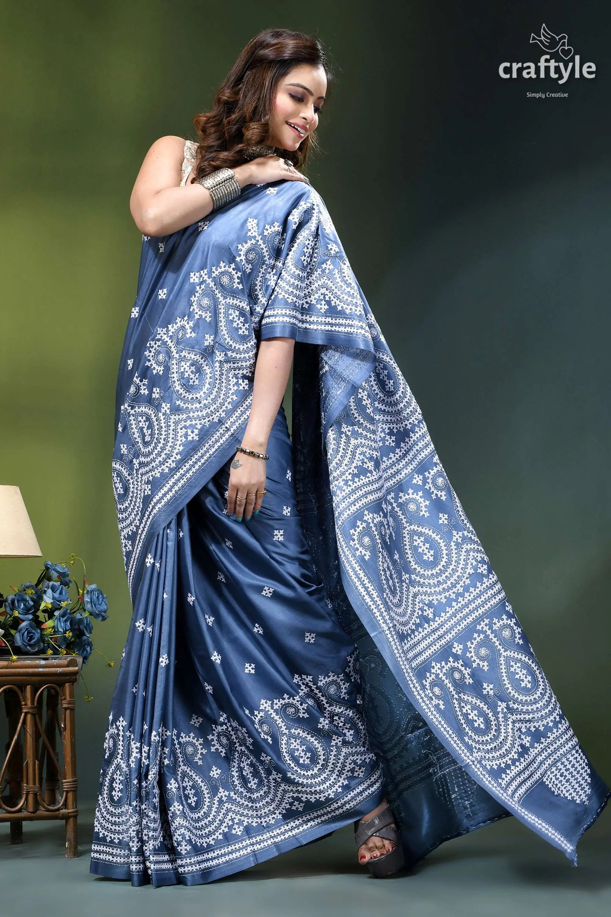 Gujrati embroidery shadow blue handcrafted exclusive silk saree woman wears navy blue saree 4