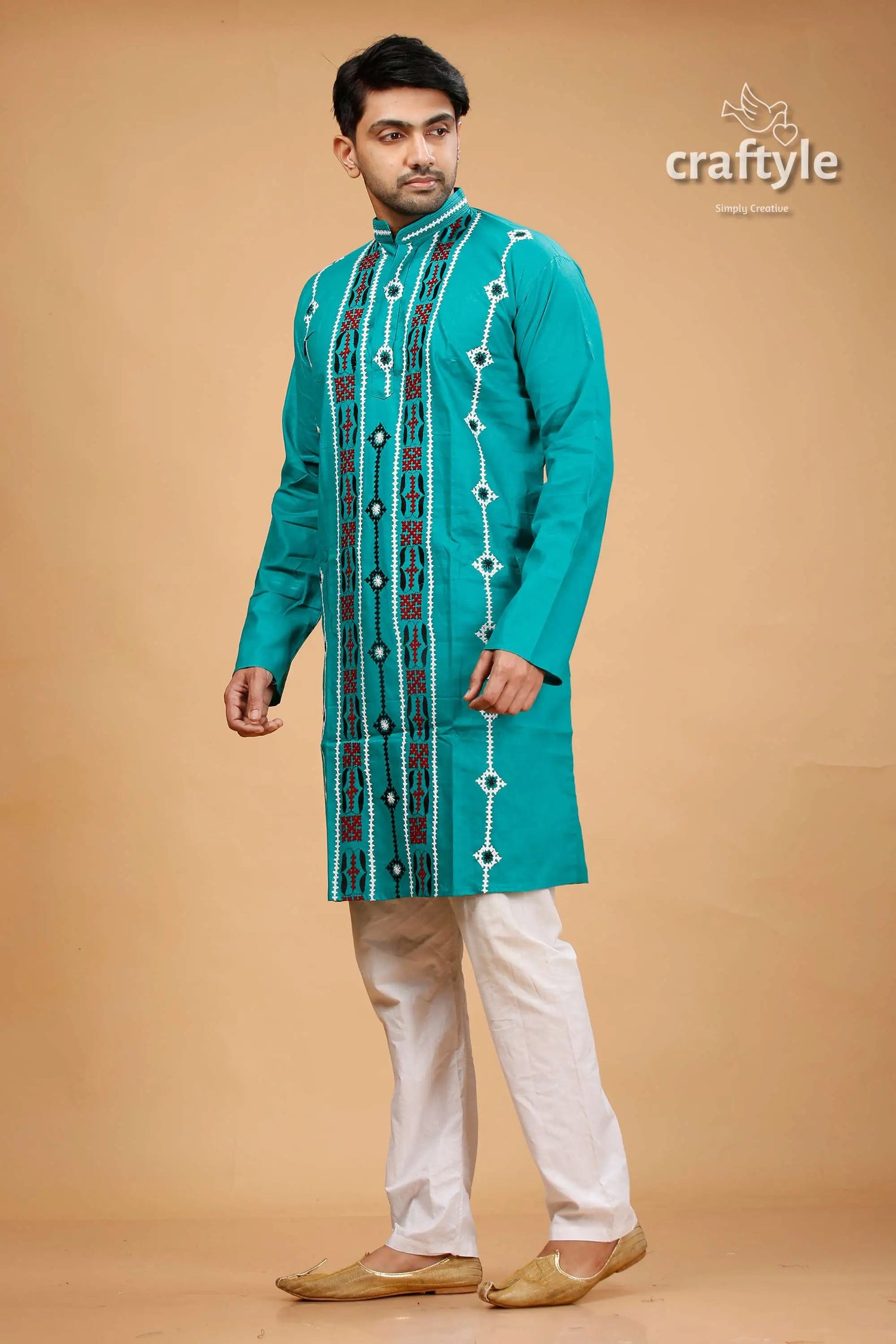 Gujrati stitch jungle green kantha work cotton kurta for men teal kurta embroidered 3