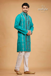 Gujrati stitch jungle green kantha work cotton kurta for men teal embroidered kurta 4