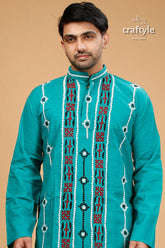 Gujrati stitch jungle green kantha work cotton kurta for men teal embroidered kurta 2