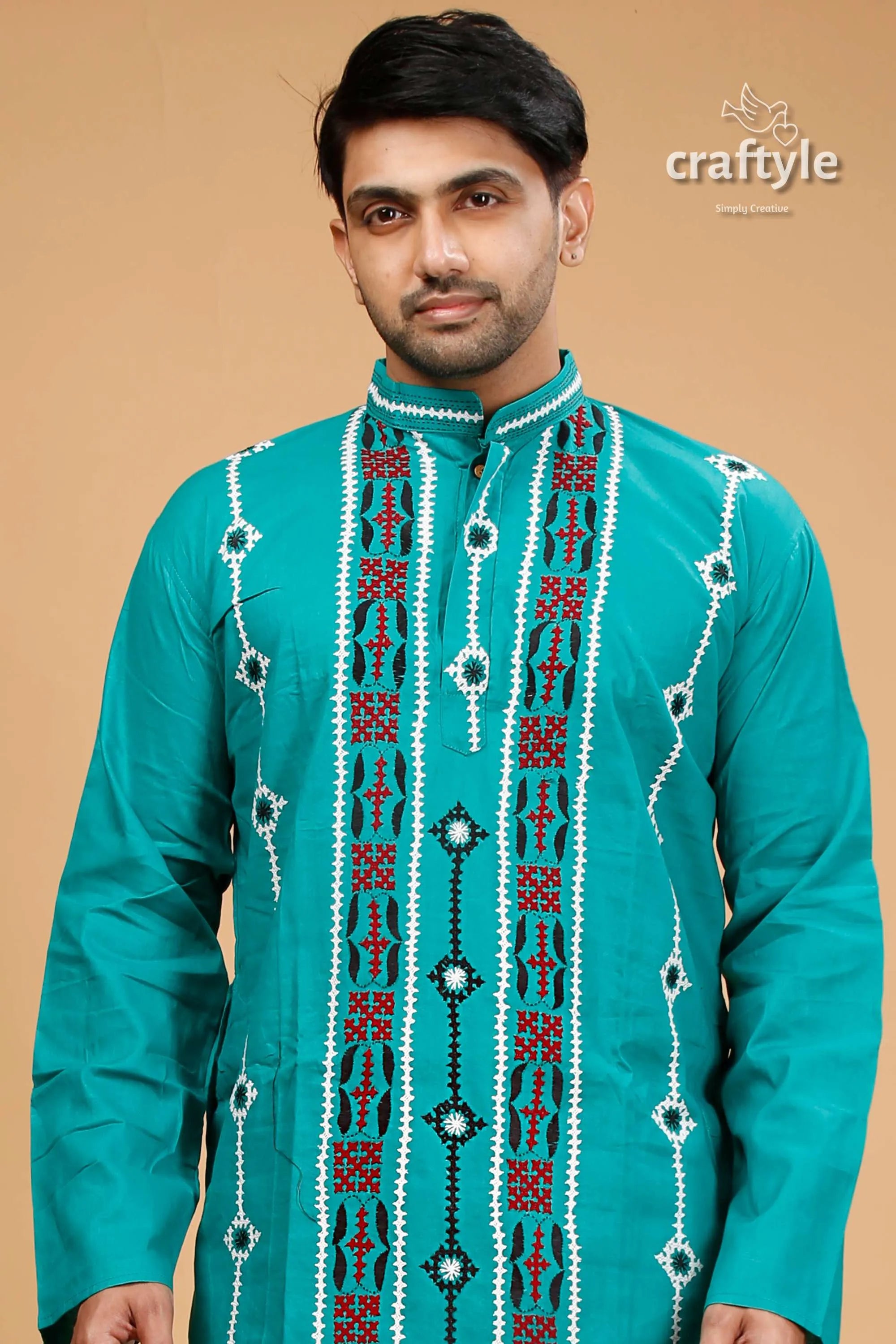 Gujrati stitch jungle green kantha work cotton kurta for men teal embroidered kurta 2