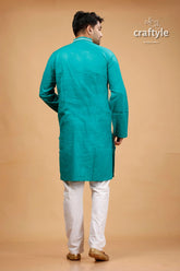 Gujrati stitch jungle green kantha work cotton kurta for men man teal kurta white pants 5