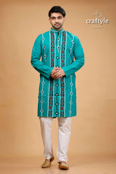 Gujrati stitch jungle green kantha work cotton kurta for men turquoise embroidered kurta white pants 1