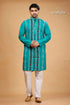 Gujrati stitch jungle green kantha work cotton kurta for men turquoise embroidered kurta white pants 1