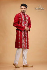 Gujrati stitched burgundy red kantha work cotton punjabi for men maroon embroidered kurta white pants 4