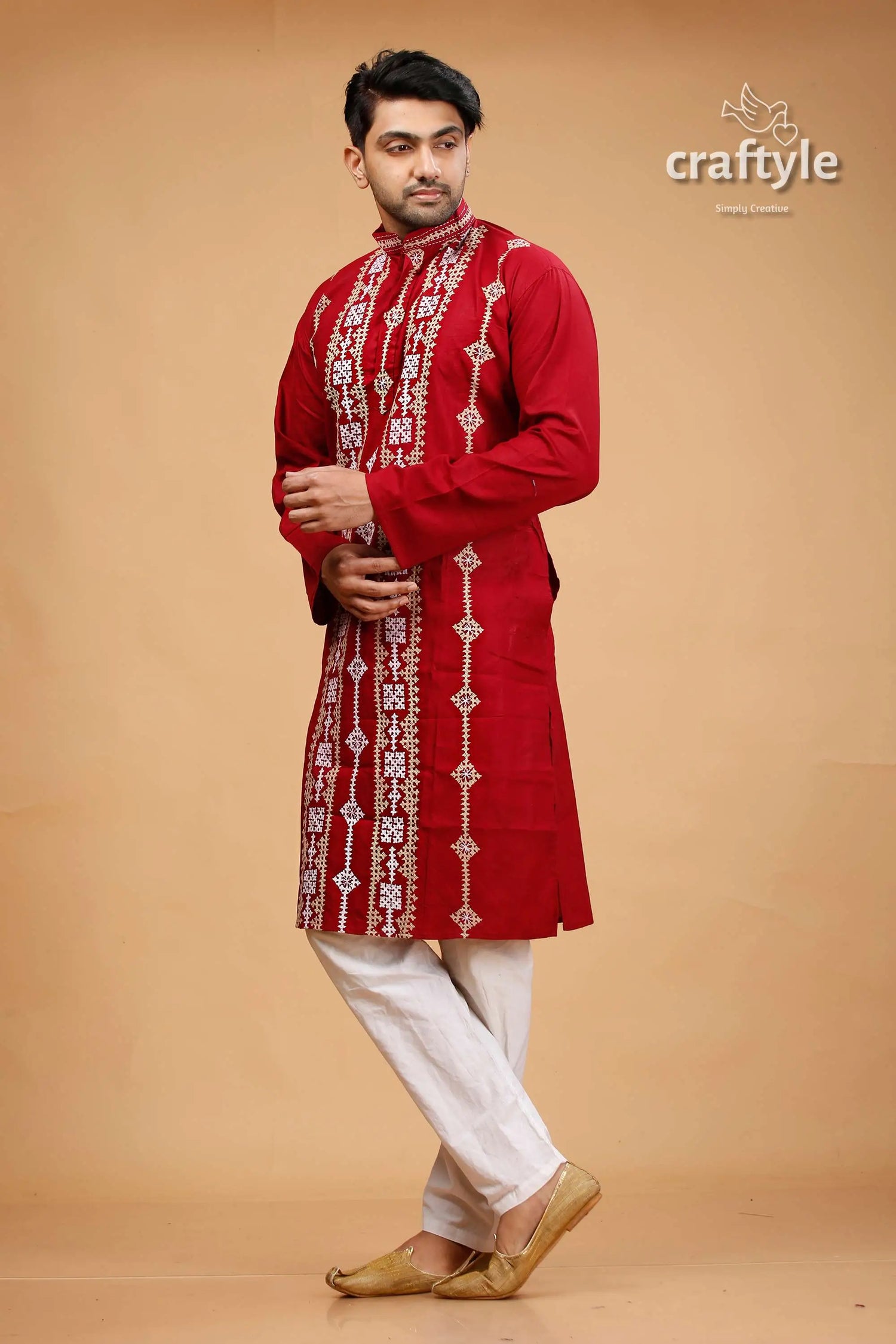 Gujrati stitched burgundy red kantha work cotton punjabi for men red embroidered kurta white pants 3