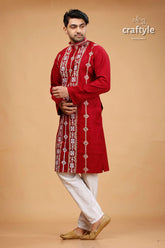 Gujrati stitched burgundy red kantha work cotton punjabi for men red embroidered kurta white pants 3