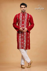 Gujrati stitched burgundy red kantha work cotton punjabi for men maroon embroidered kurta white pants 1