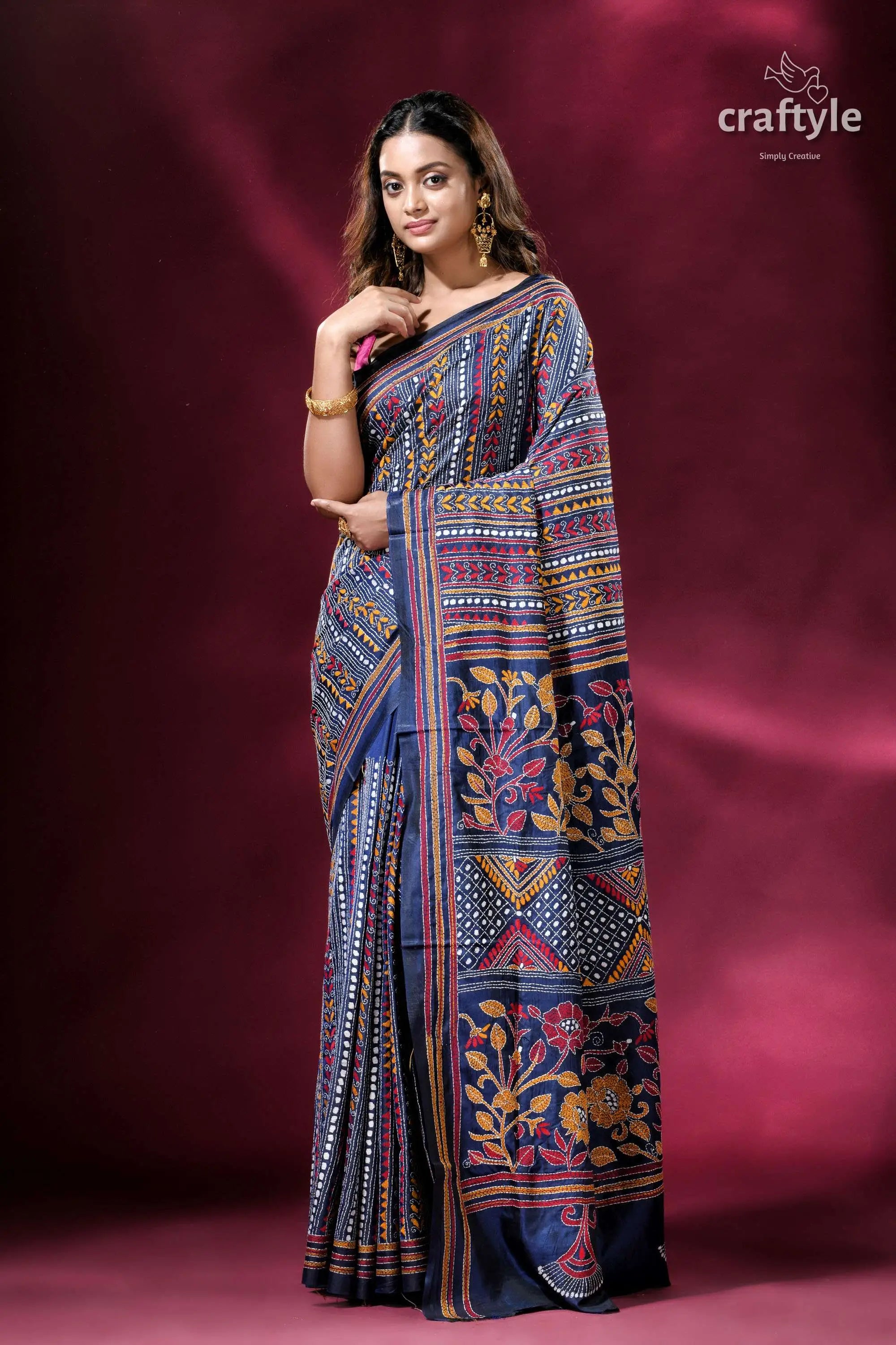 Gulf blue all over hand embroidery kantha silk saree elegant patterned saree 1