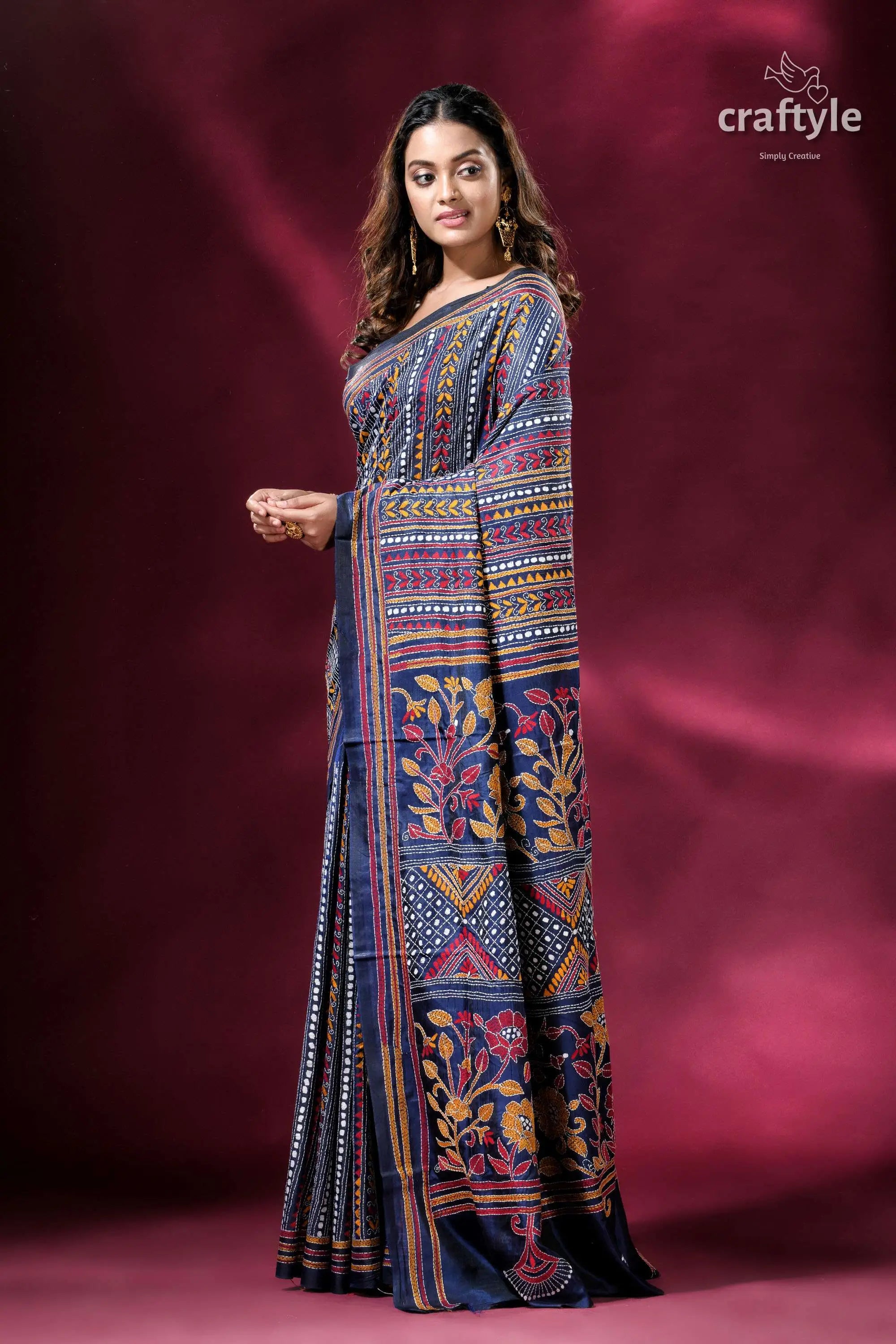 Gulf blue all over hand embroidery kantha silk saree woman patterned saree 3