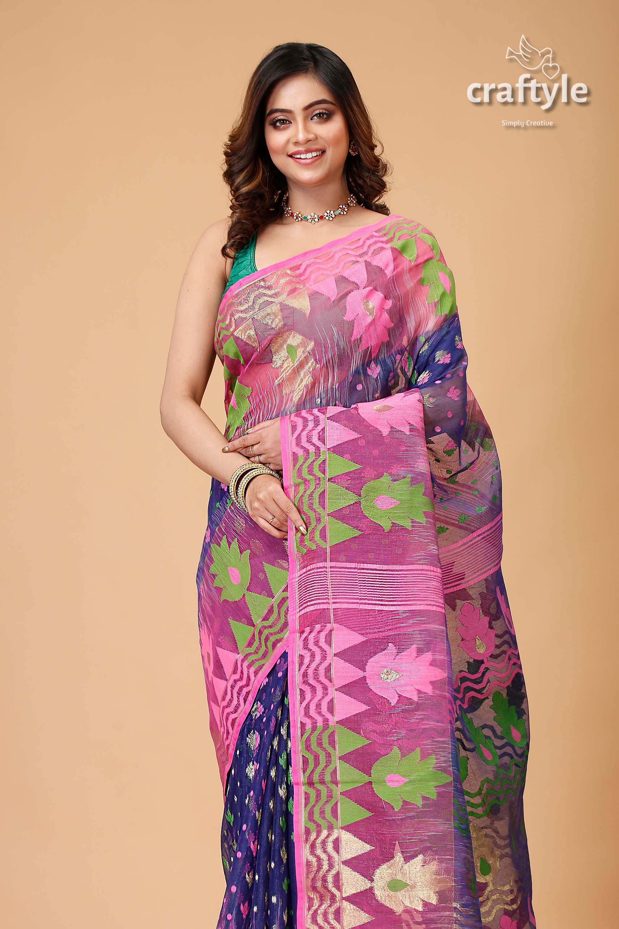 Gulf Blue and Pink Handloom Jamdani Sari-Craftyle