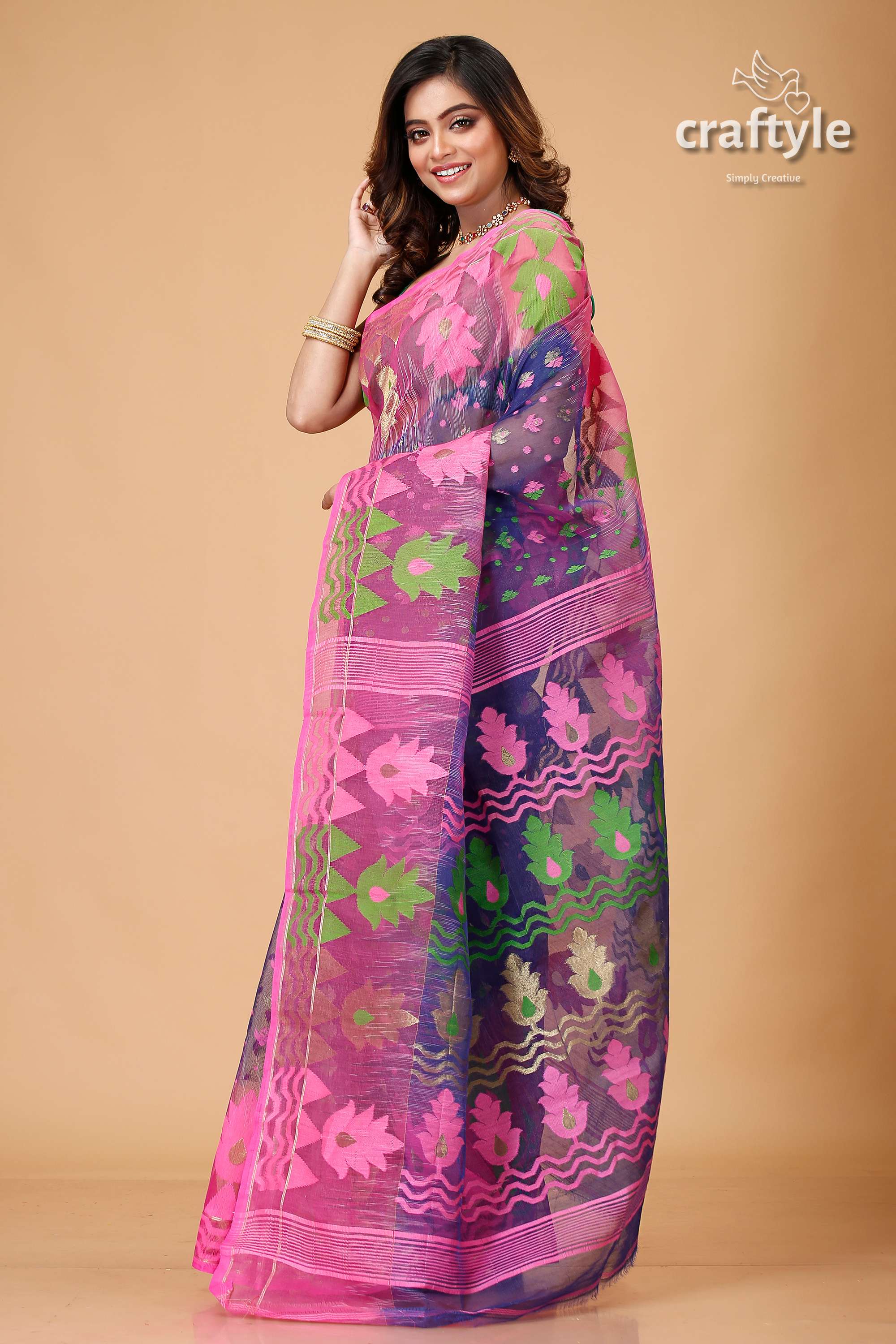 Gulf Blue and Pink Handloom Jamdani Sari-Craftyle