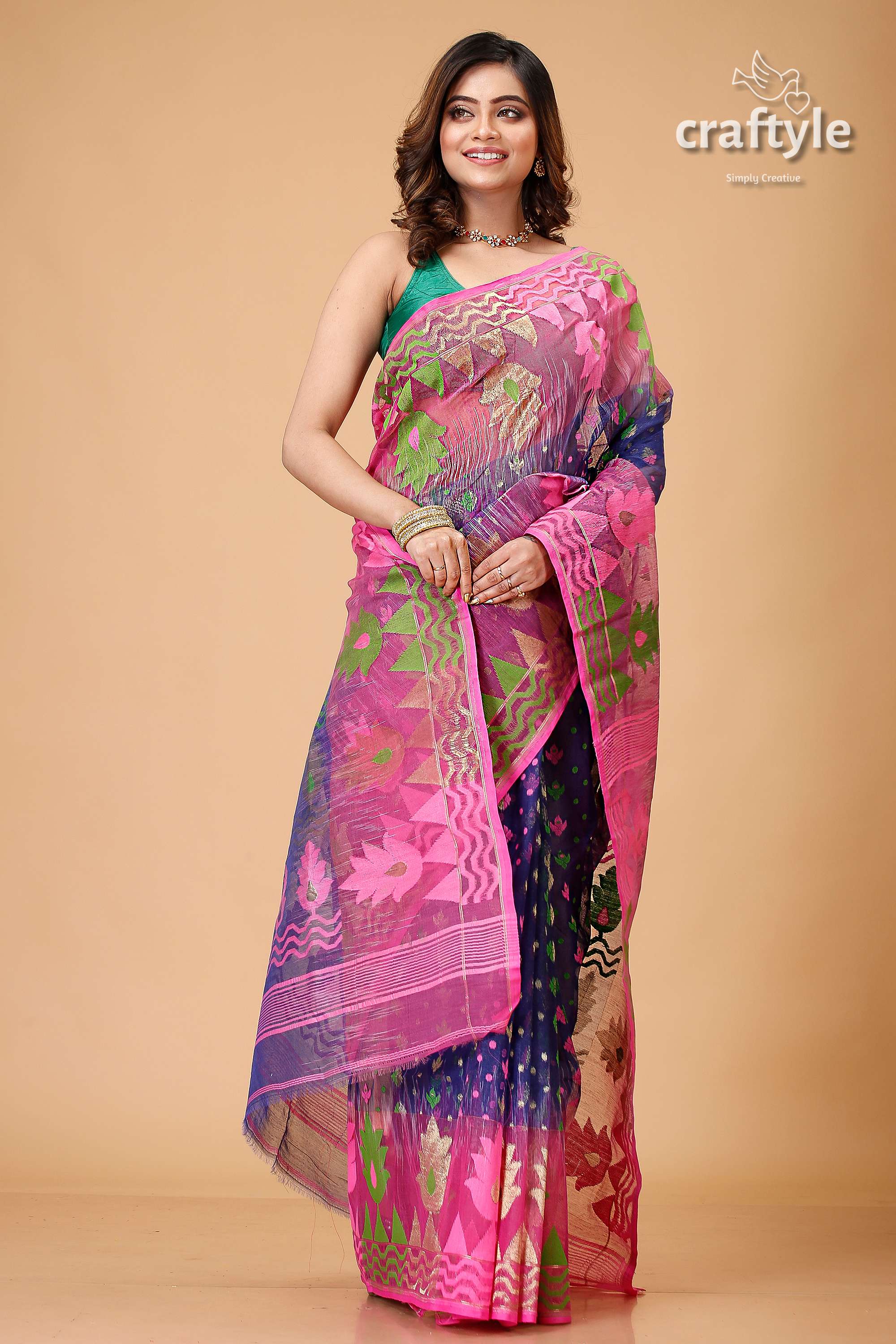 Gulf Blue and Pink Handloom Jamdani Sari-Craftyle