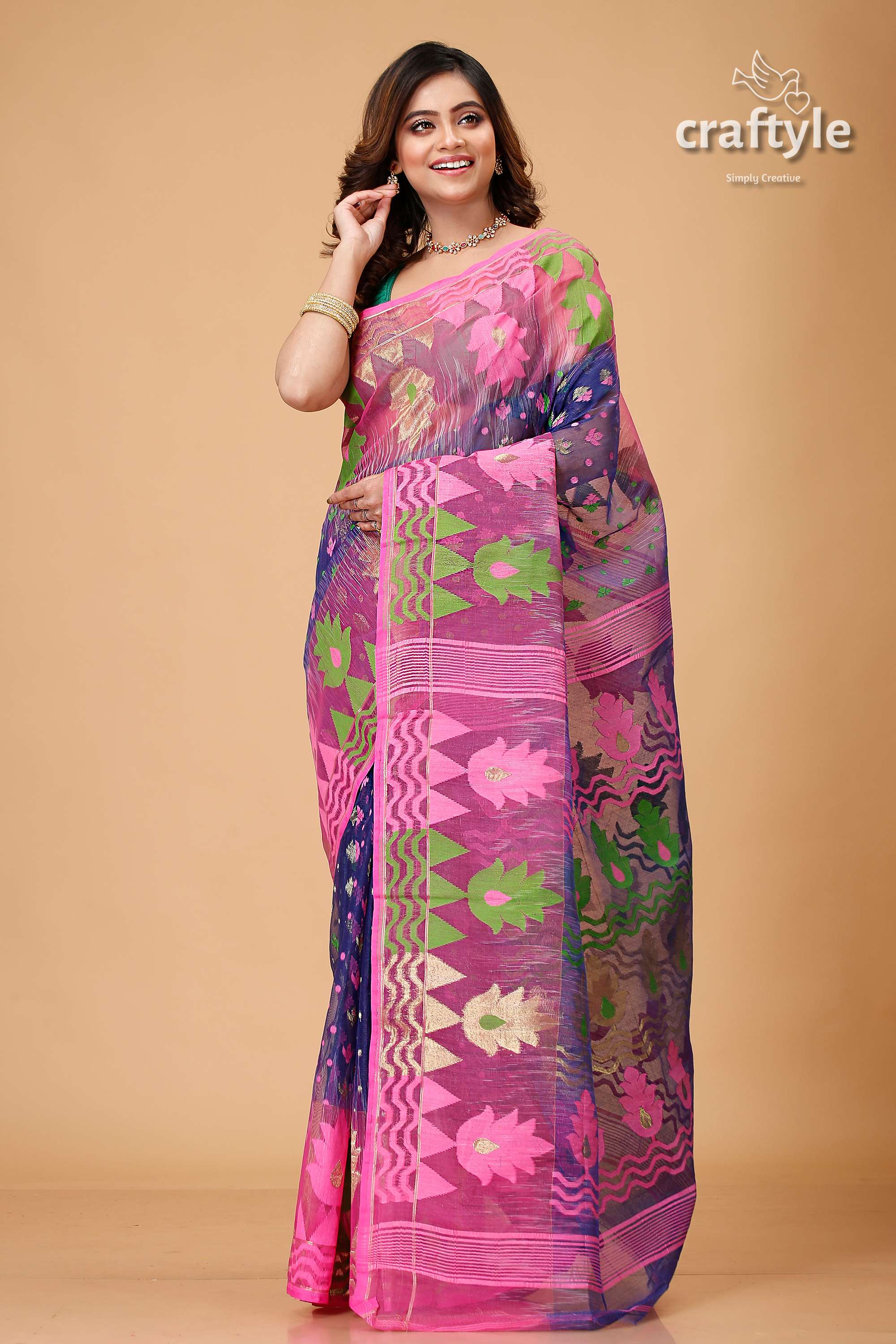 Gulf Blue and Pink Handloom Jamdani Sari-Craftyle