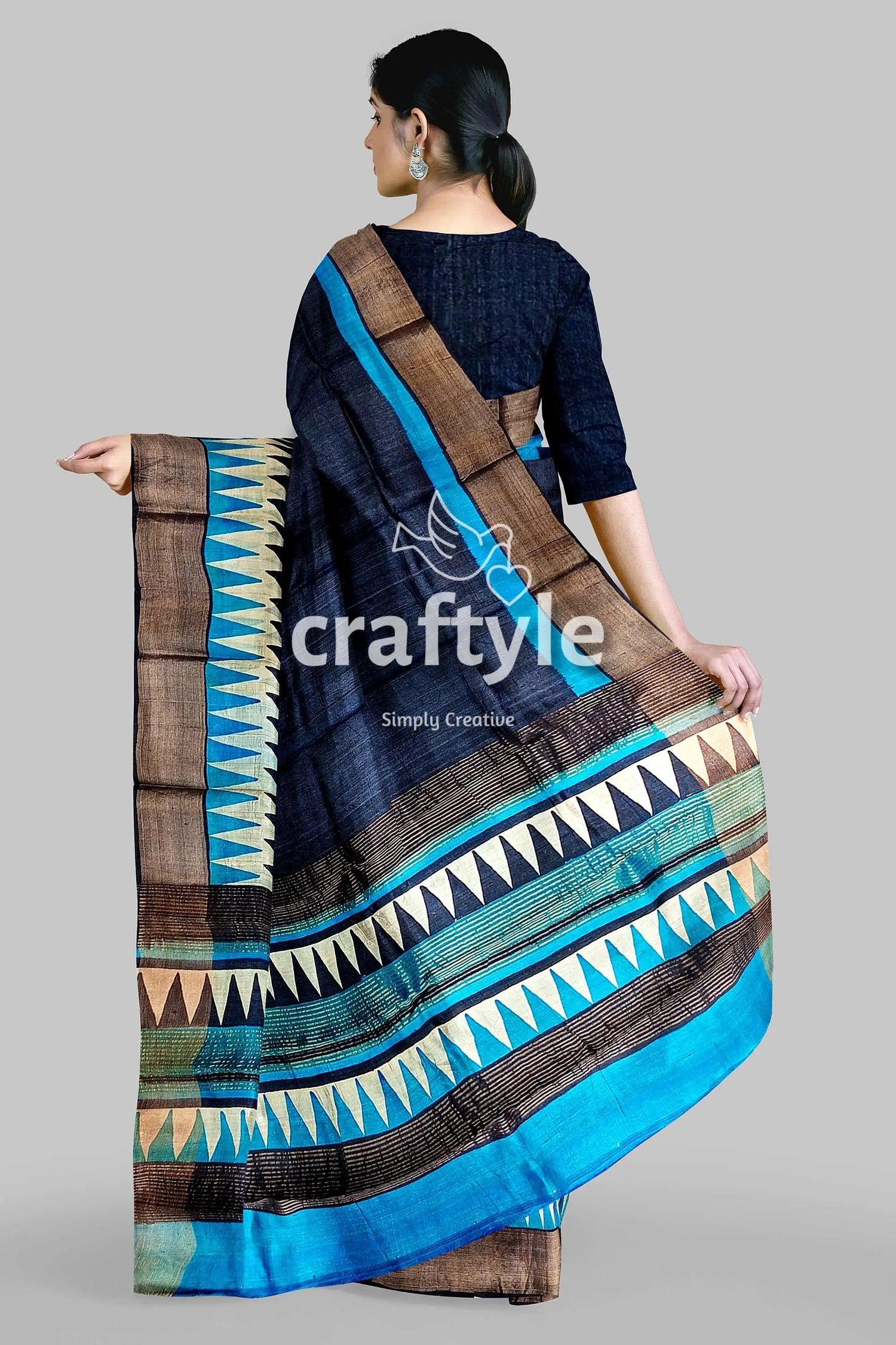 Gulf blue hand block print zari border pure tussar saree blue brown patterned saree 5
