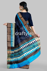 Gulf blue hand block print zari border pure tussar saree blue brown patterned saree 5