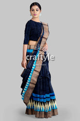 Gulf blue hand block print zari border pure tussar saree elegant navy blue saree 4