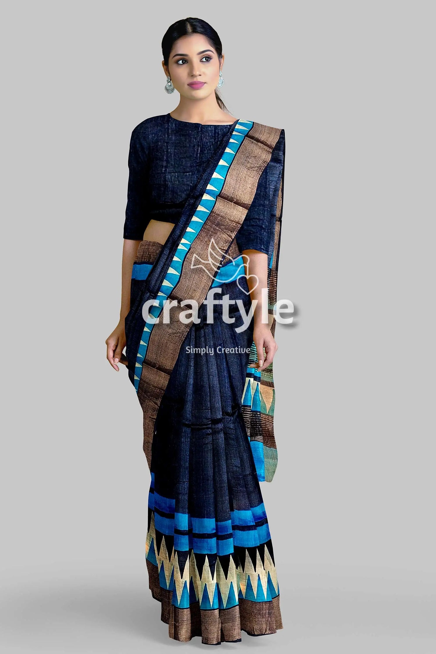 Gulf blue hand block print zari border pure tussar saree woman dark blue saree 1