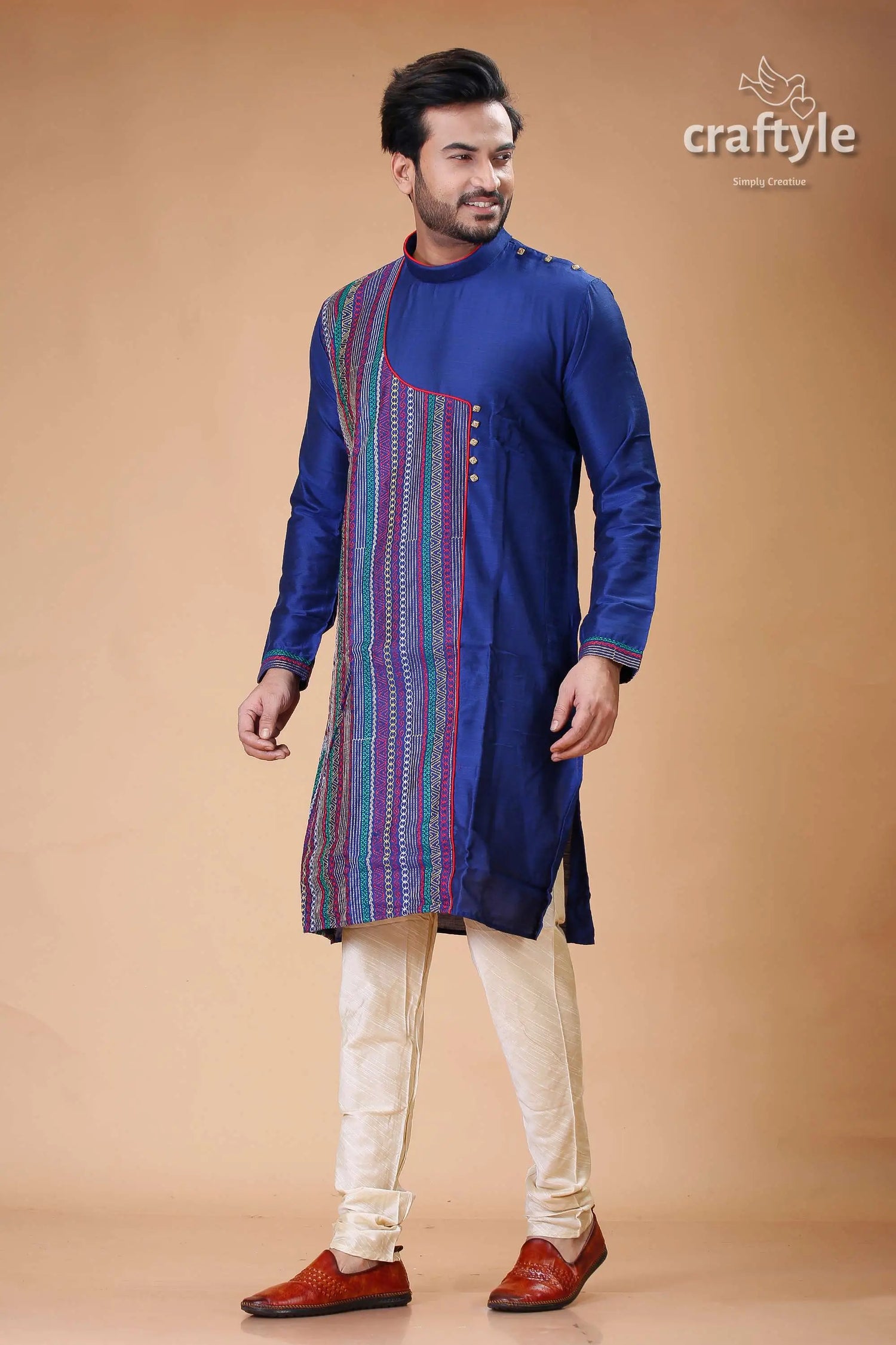 Gulf blue silk kurta with multicolor embroidery for men blue kurta colorful patterned panel 3