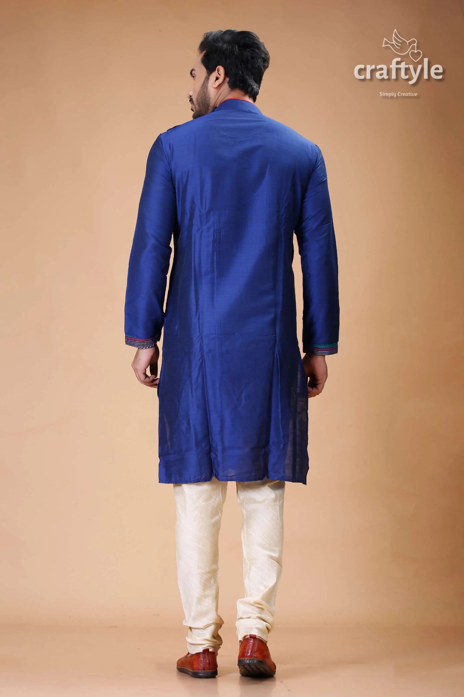 Gulf blue silk kurta with multicolor embroidery for men man blue kurta cream pants 5