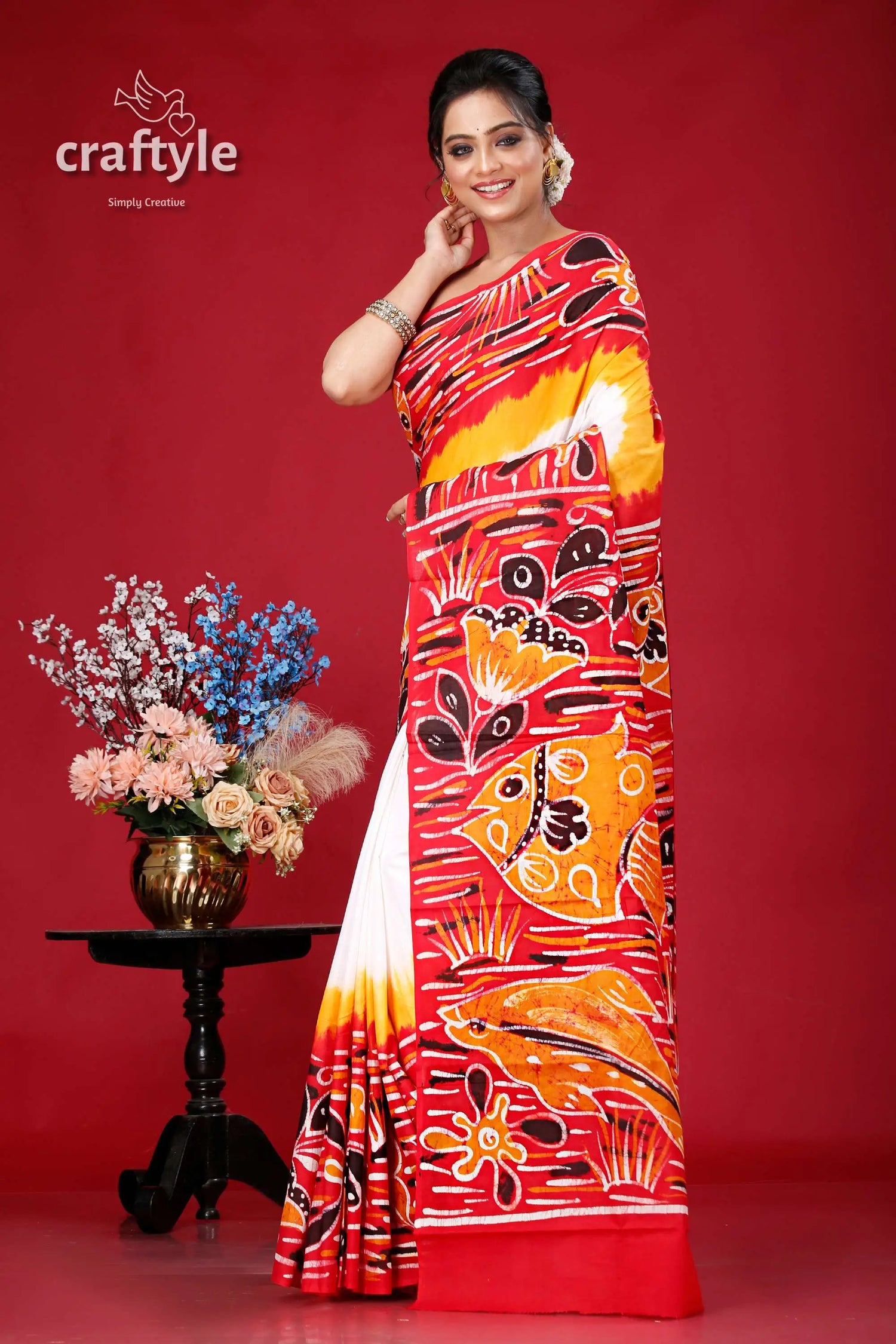 Hand batik fish design bengal heritage pure cotton saree red white batik saree 3