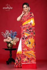 Hand batik fish design bengal heritage pure cotton saree red white batik saree 3