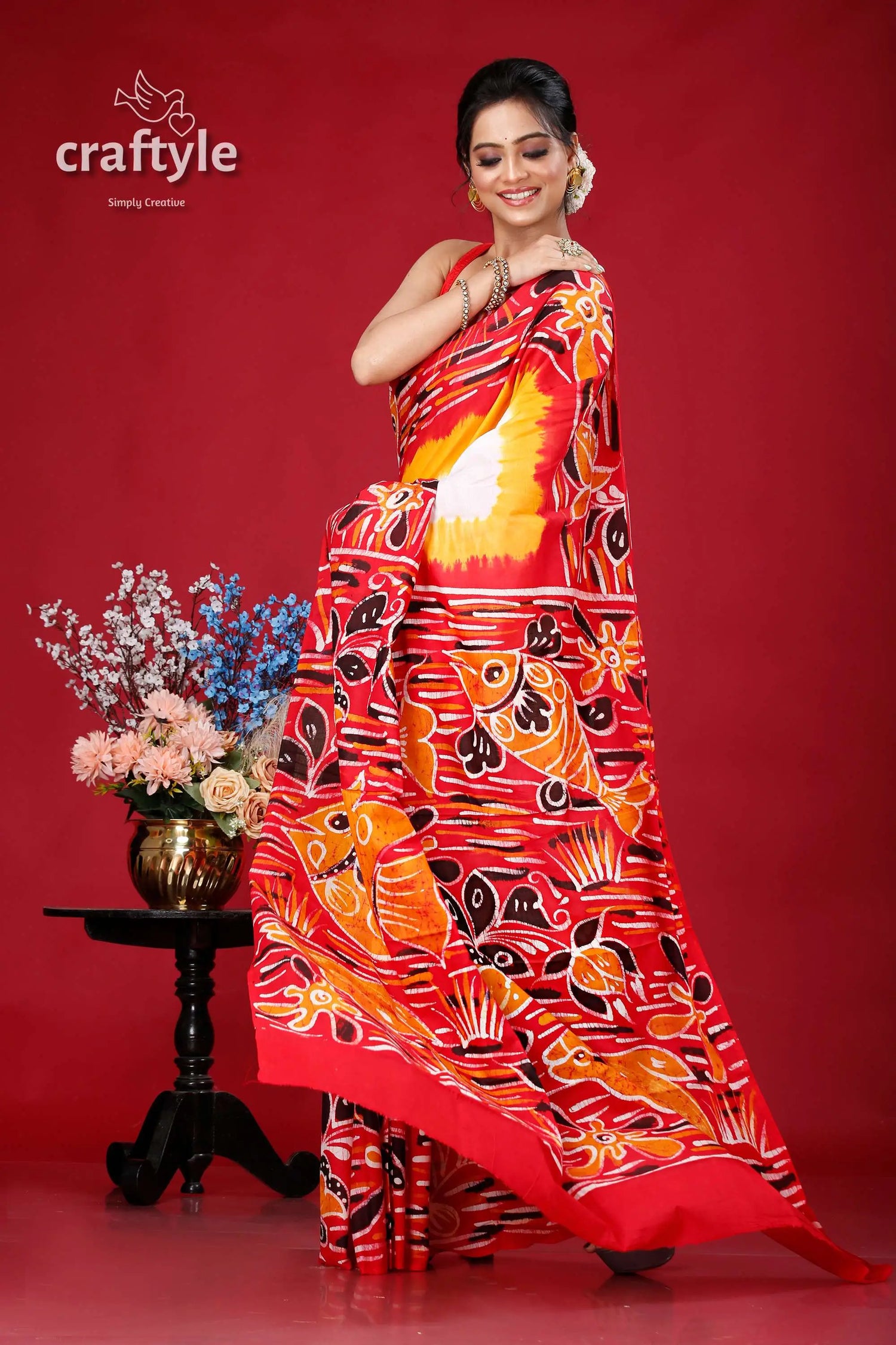 Hand batik fish design bengal heritage pure cotton saree red saree fish floral batik 4