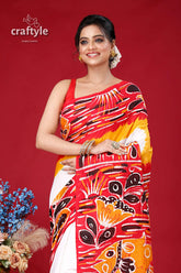 Hand batik fish design bengal heritage pure cotton saree woman red yellow patterned saree 2