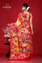 Hand batik fish design bengal heritage pure cotton saree red yellow batik saree 5