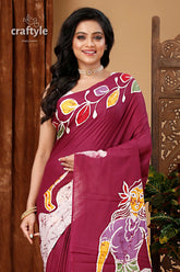 Hand batik pure cotton saree - village theme - classic design maroon batik saree floral figure 2