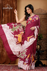 Hand batik pure cotton saree - village theme - classic design maroon batik saree animal floral 4