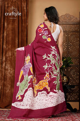 Hand batik pure cotton saree - village theme - classic design maroon batik saree colorful figures 5