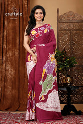 Hand batik pure cotton saree - village theme - classic design maroon batik saree 1