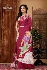 Hand batik pure cotton saree - village theme - classic design maroon batik saree 3