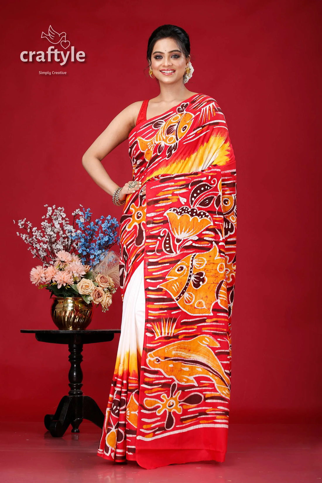Hand batik pure cotton saree with fish motif - artistic indian ethnic wear red white pattern 1