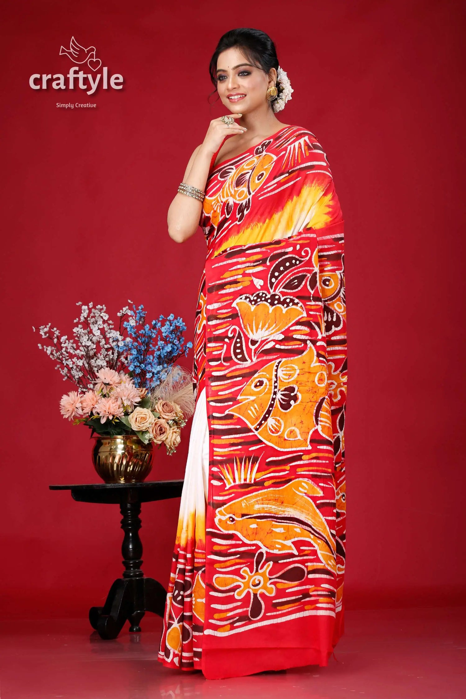 Hand batik pure cotton saree with fish motif - artistic indian ethnic wear red yellow batik saree 3
