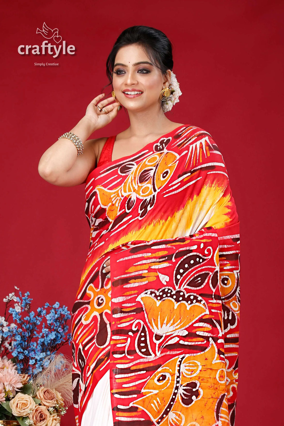 Hand batik pure cotton saree with fish motif - artistic indian ethnic wear red yellow 2
