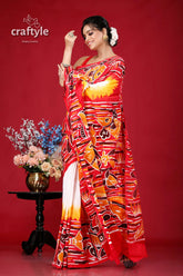 Hand batik pure cotton saree with fish motif - artistic indian ethnic wear red white patterned saree 4