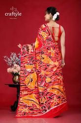 Hand batik pure cotton saree with fish motif - artistic indian ethnic wear red saree fish floral batik 5