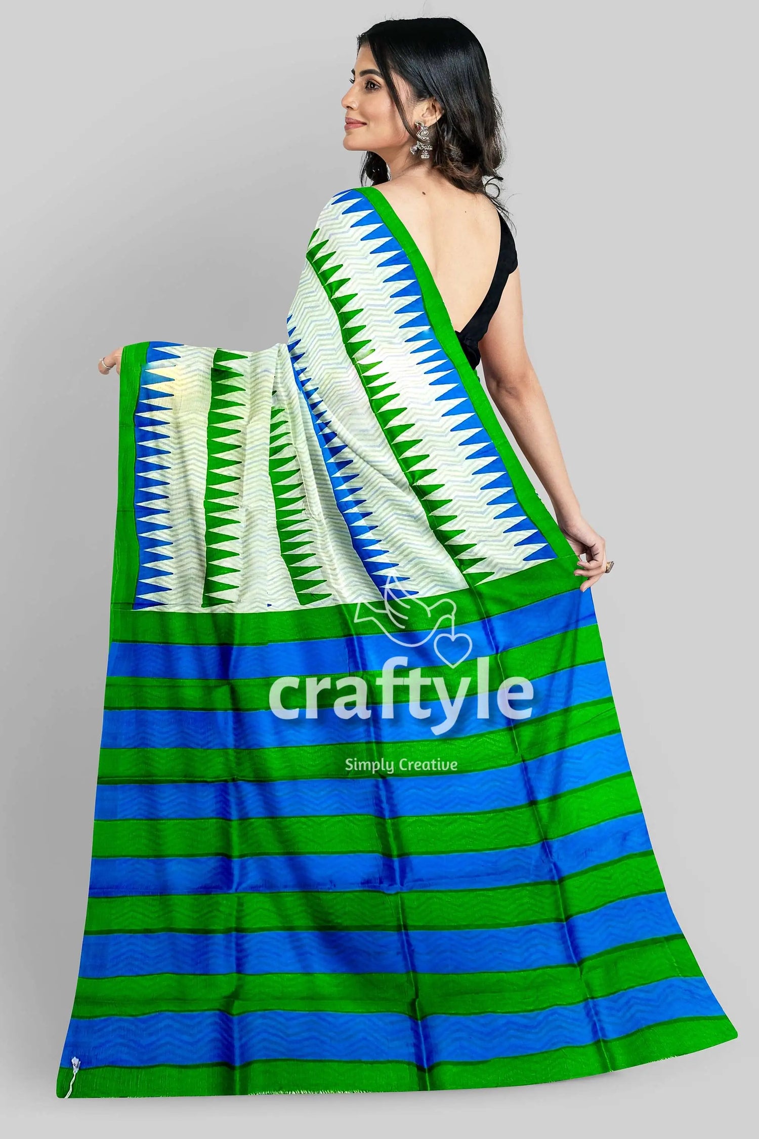 Hand block murshidabad silk saree woman green blue striped saree 3