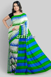 Hand block murshidabad silk saree blue green striped saree 1
