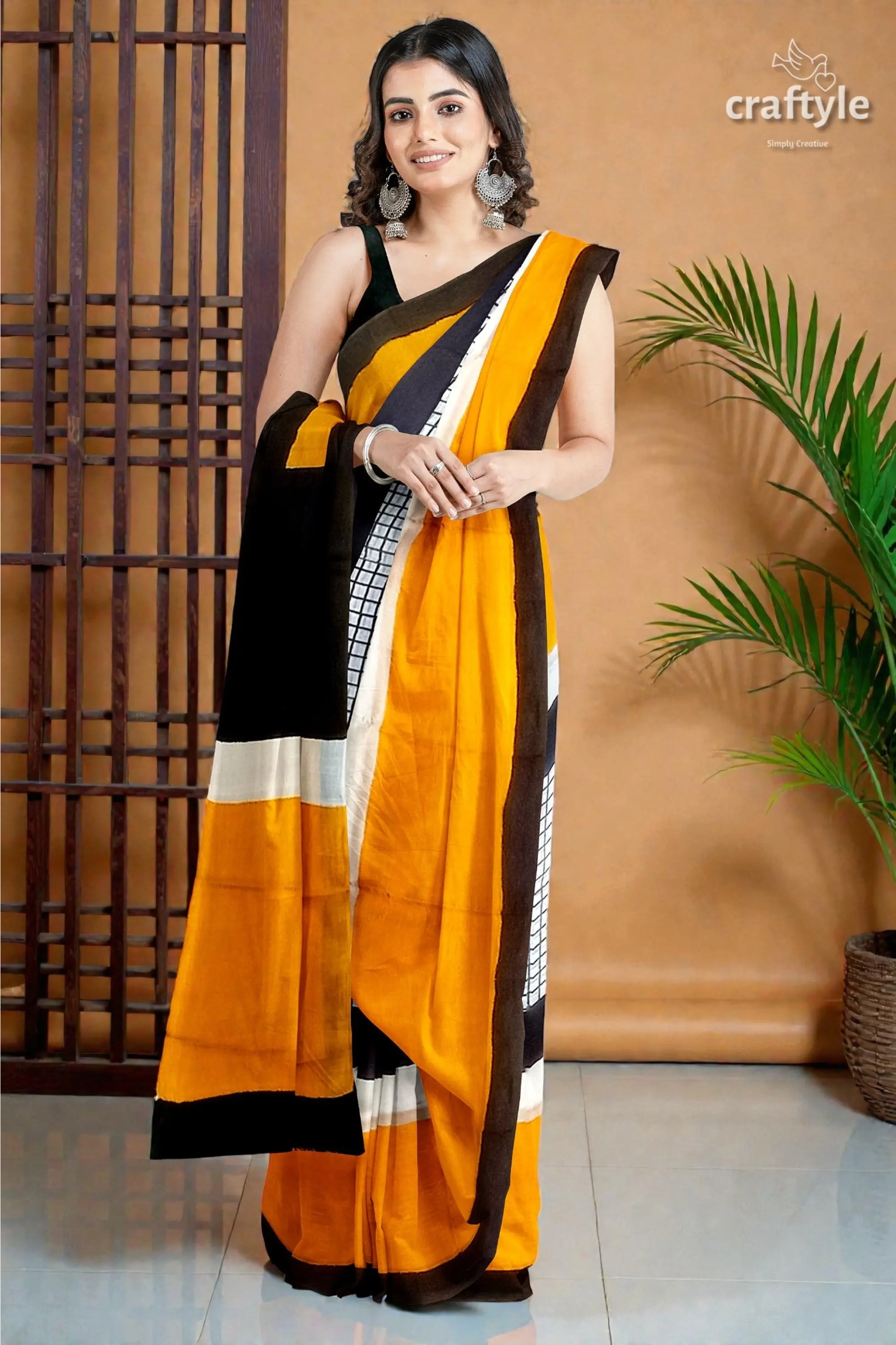 Hand block print mulberry pure silk saree - golden yellow and black 5