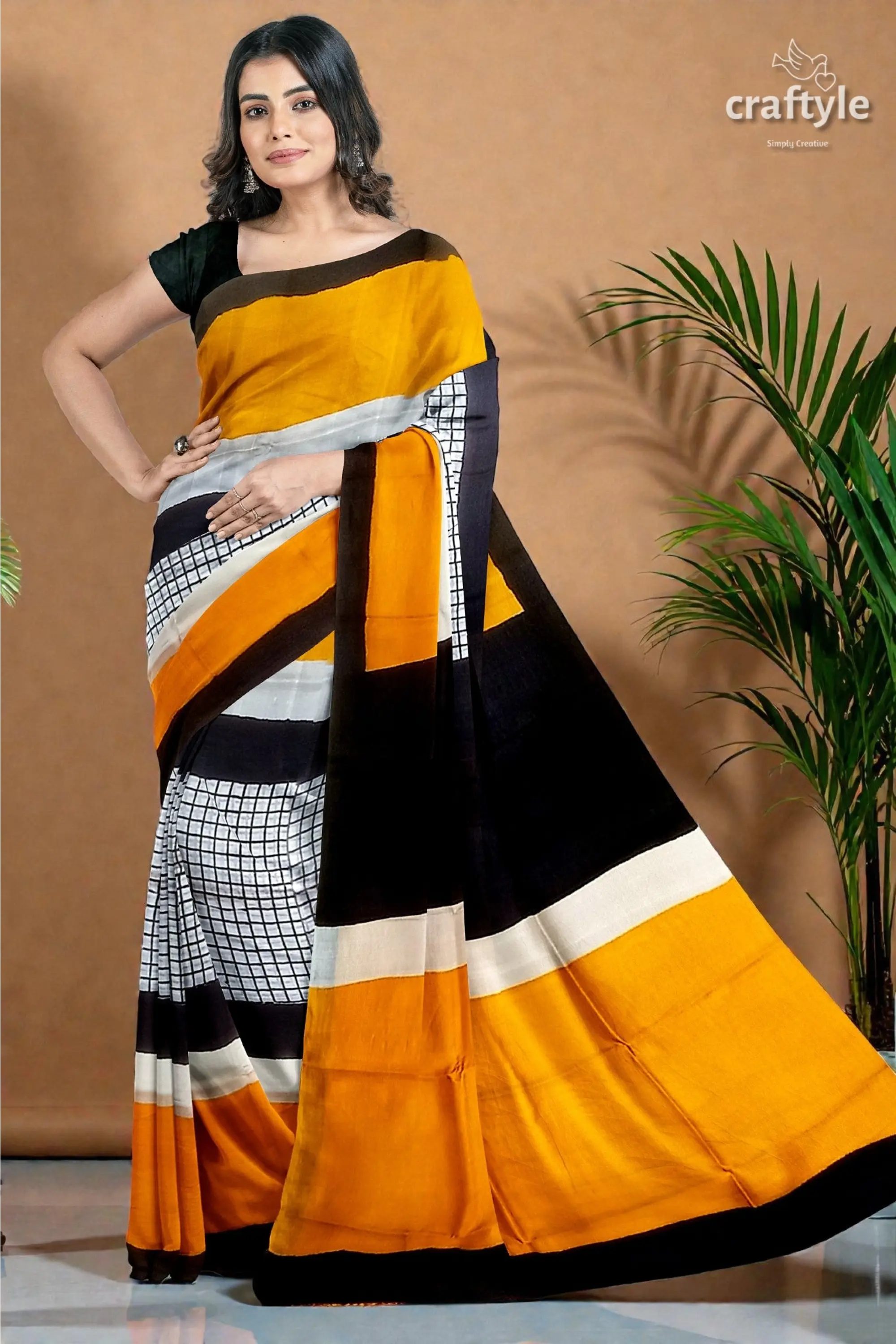 Hand block print mulberry pure silk saree - golden yellow and black 1