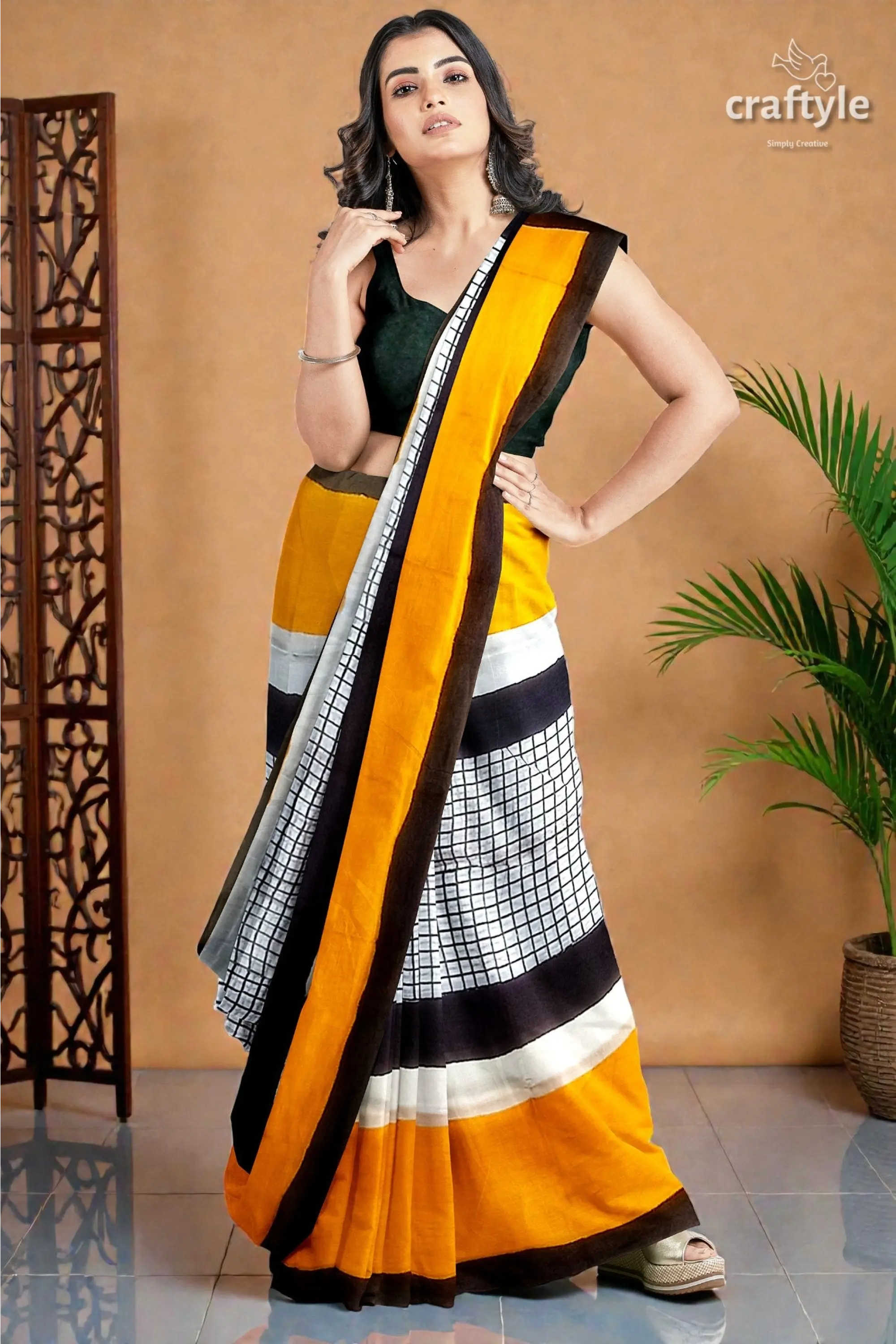Hand block print mulberry pure silk saree - golden yellow and black 7