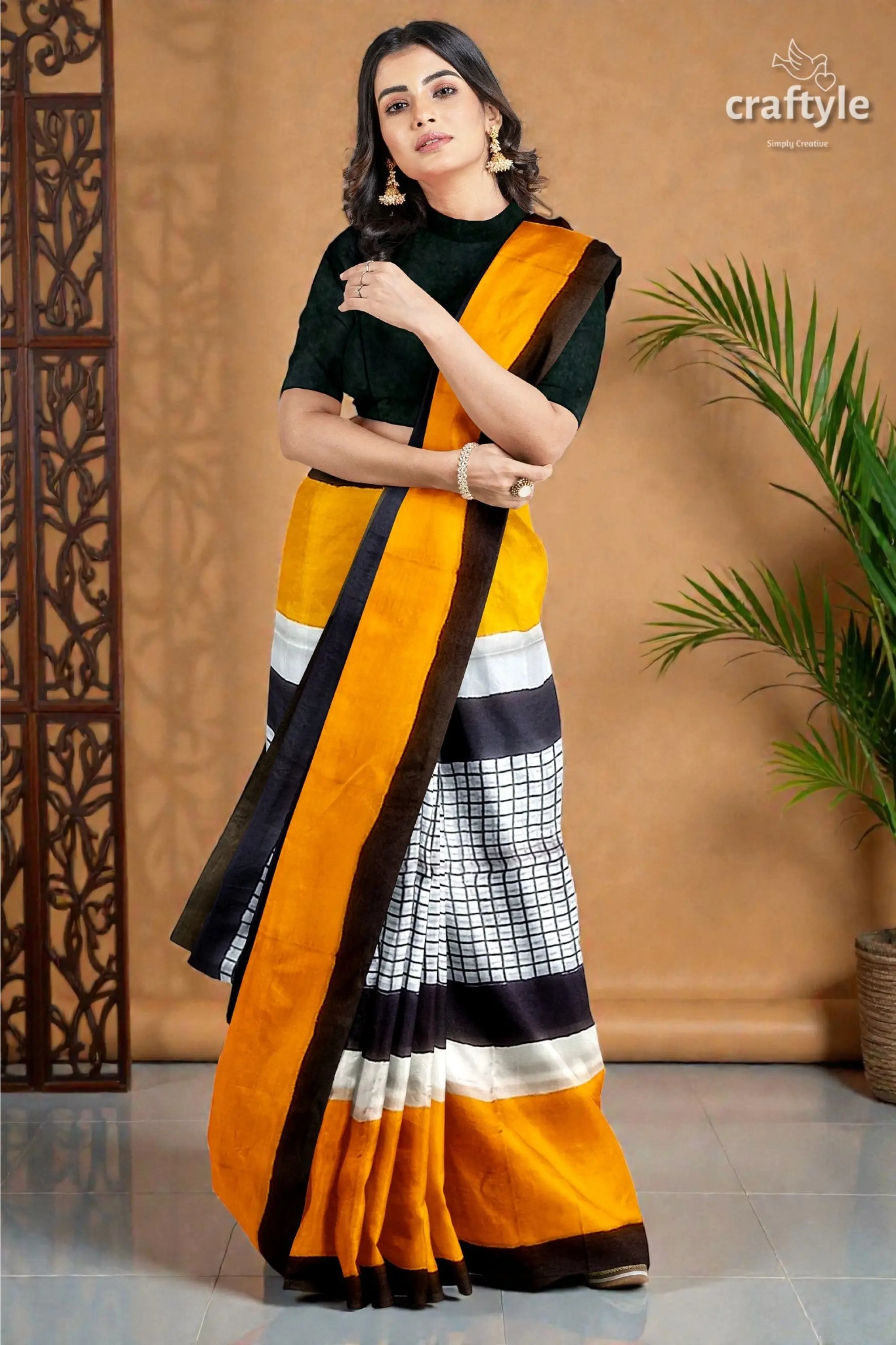 Hand block print mulberry pure silk saree - golden yellow and black 3
