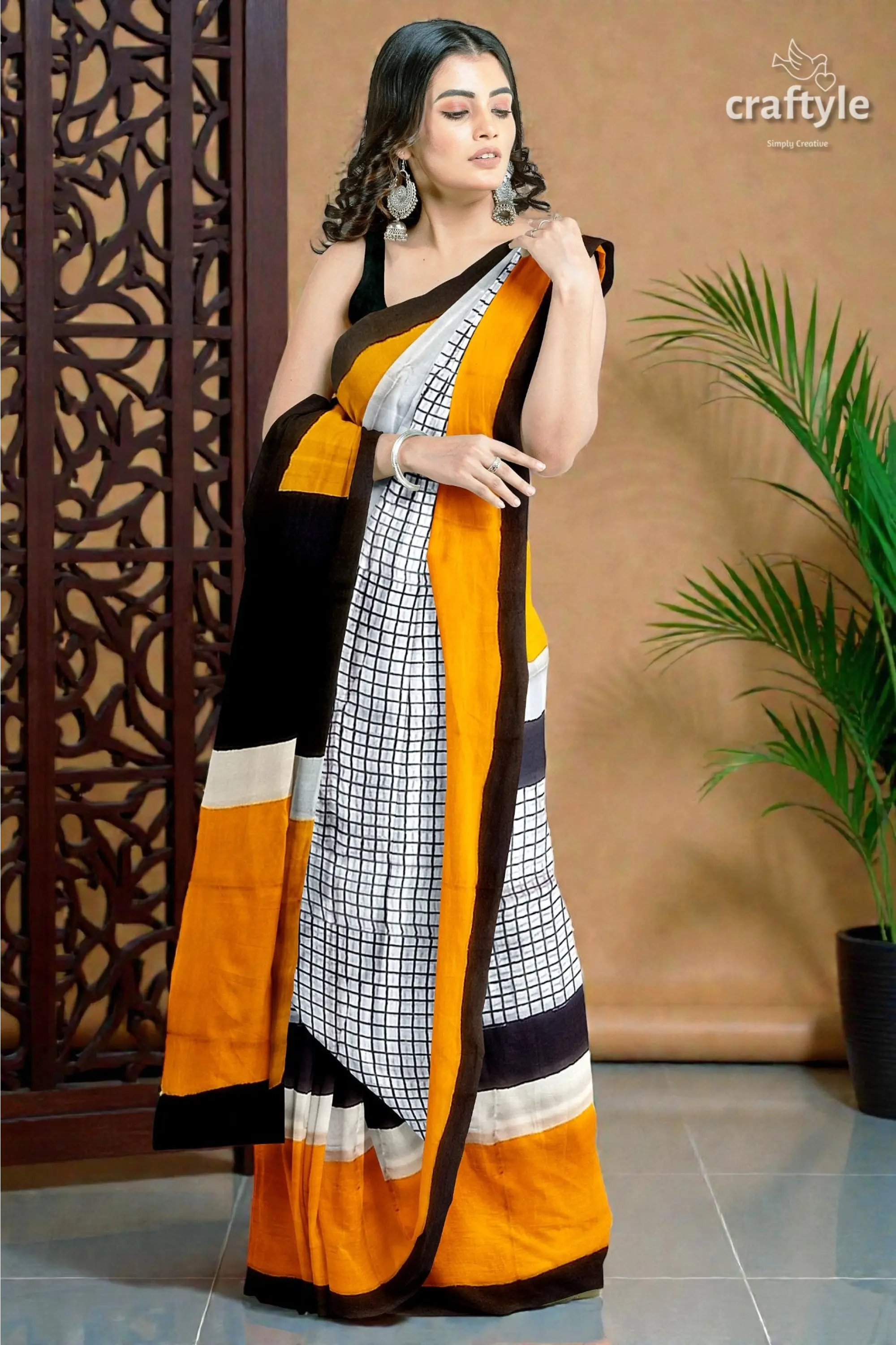 Hand block print mulberry pure silk saree - golden yellow and black 4